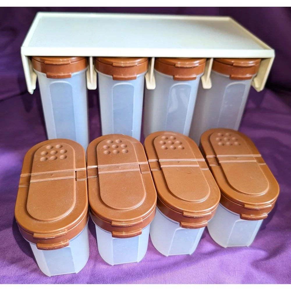 Vintage Tupperware Brown 8pc Modular Mates Spice Rack Wall Mount 1843 1845